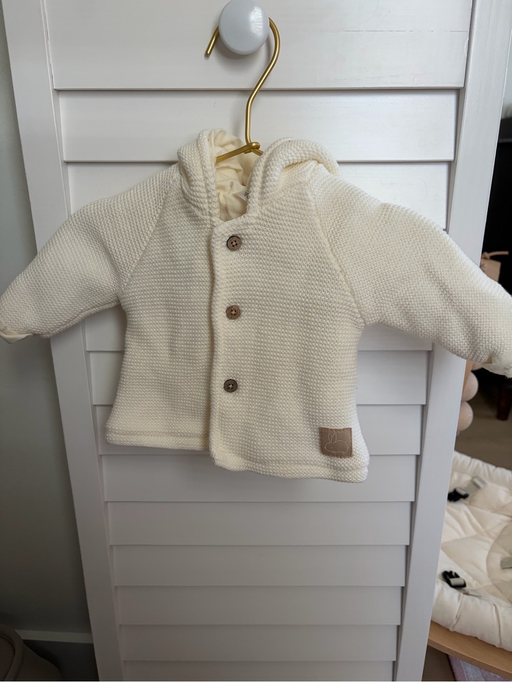 French Cream Knit Baby Puffer Jacket with Hood